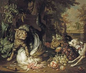 A Cat Protecting Game From A Dog In A Landscape by Dirk Valkenburg