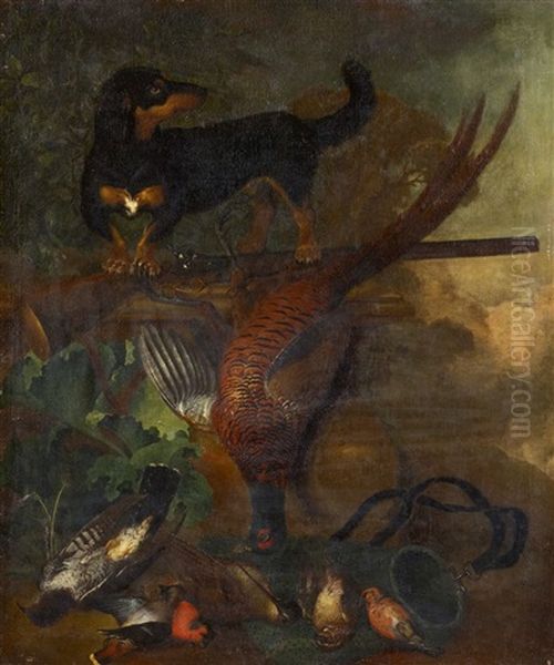 Jagdhund Mit Erlegten Singvogeln Und Einem Fasan - view 1