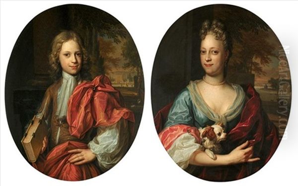 Portrait Of A Young Gentleman Wearing A Brown Jacket And Red Cloak, Holding A Book, A Classical Landscape Beyond (+ Portrait Of A Young Lady Wearing A Blue Dress And Crimson Cloak, Holding A Dog; Pair - view 1