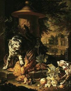 A Cat Protecting Dead Game From A Dog, Elegant Figures In An Architectural Landscape Beyond by Dirk Valkenburg