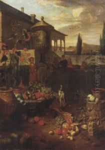 An Italianate Villa And Garden With Figures, A Still Life Of Fruit And Vegetables In The Foreground, Cypress Trees And Mountains Beyond