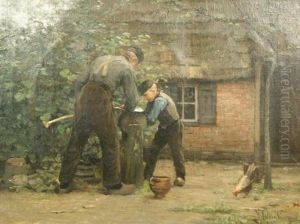 Farmhouse With People Sharpening The Hand Tools by Hendrik Valkenburg