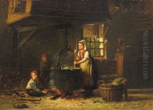 Blick In Eine Alte Kuche Mit Mutter Und Zwei Kindern Am Kochkessel