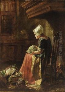 A Woman Seated With A Cabbage In A Chair By The Fire Place, A Vegetable Still Life At Her Feet by Hendrik Valkenburg