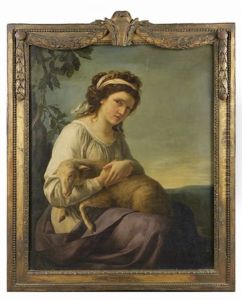 Portrait De Jeune Femme Tenant Un Mouton Dans Ses Bras by Nanine Vallain