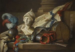 A Bust Of Minerva, Armour, Muskets, A Drum, A Standard, The Baton Of Command Of A Marechal De France, A Laurel Wreath And The Orders Of Saint-louis And Of The Saint-esprit, All On A Stone Ledge