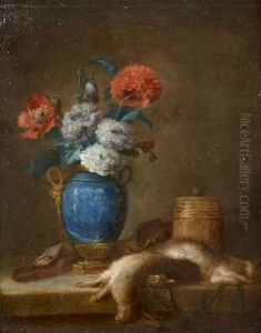 Lievre Et Bouquet De Pavots Sur Un Entablement