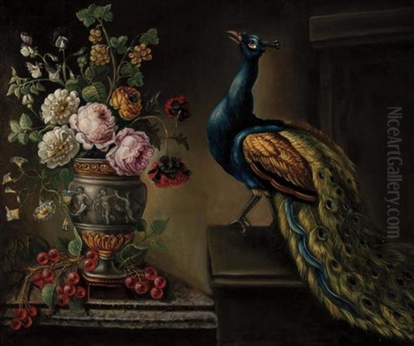 Vase Of Flowers With Fruit And Peacock - view 1