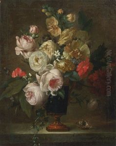 Still Life Of Flowers In A Vase With A Shell