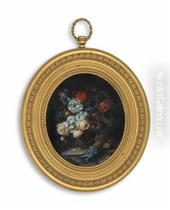 A Still-life Of Flowers In An Urn On A Stone Ledge With Peaches And A Pineapple