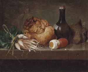 Parsnips, A Loaf Of Bread, Eggs And A Bottle On A Stone Ledge