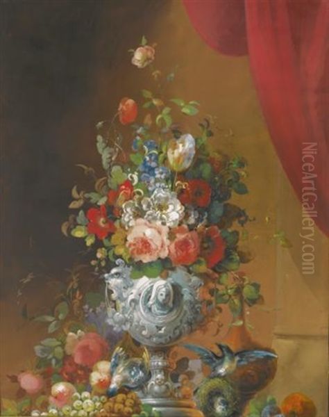 Still Life With Flowers In An Urn, Birds And Fruit On A Ledge Below - view 1