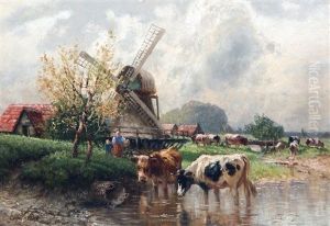 Voorjaarslandschap Met Koeien Bij Een Molen Voorjaarslandschap Met Koeien Bij Een Molen