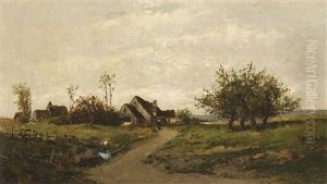 Landschaft Mit Gehoft Und Bauerinnen Am Wegesrand