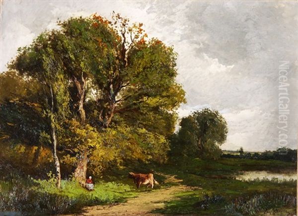 Waldweg Mit Hirtin Und Kuh - view 1