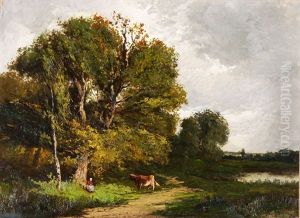 Waldweg Mit Hirtin Und Kuh by Etienne Maxime Vallee