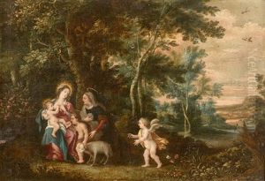 Vierge A L'enfant Avec Saint Jean Baptiste Et Sainte Anne Dans Un Paysage