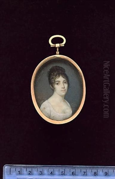 A Lady, Wearing Decollete White Dress With Small Gold Brooch At Her Shoulder, Her Hair Upswept And Curled - view 1