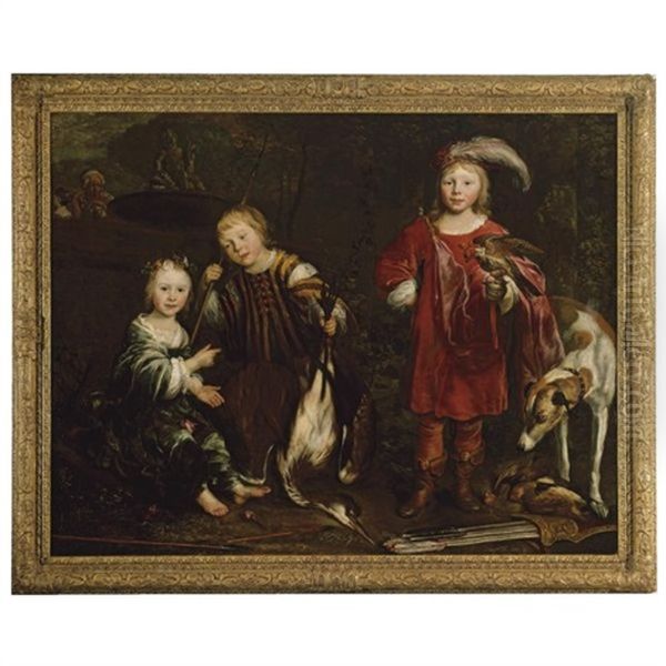 A Portrait Of Three Children Resting After The Hunt - view 1