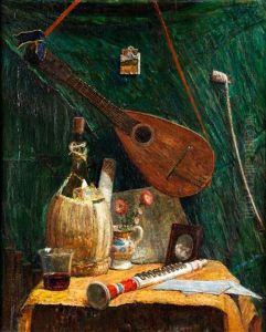 Stillleben Mit Weinflasche Und Musikinstrumenten