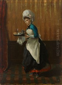 Reizende Saaltochter In Ungewohnlichem Kostum Bringt Kaffee Auf Einem Tablett by Lorenzo Valles