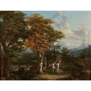 Nymphes Dansant Et Satyres Dans Un Paysage by Jacques Antoine Vallin