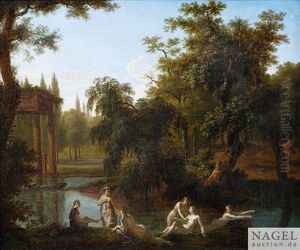 Badende Nymphen In Klassizistischer Landschaft by Jacques Antoine Vallin