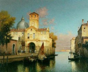 A Venetian Canal Scene With Fishing Smacks Moored To The Quay In The Foreground And Figures By A Church Beyond