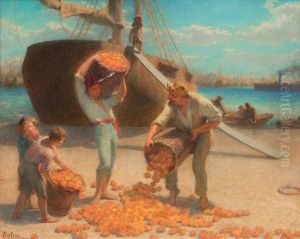Le Dechargement Des Oranges A Marseille by Edmond Eugene Valton
