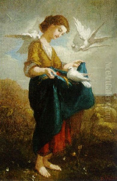 A Girl Feeding Doves - view 1