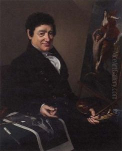 A Portrait Of The Painter Dominique Morlot, In His Studio, Wearing A Maroon Jacket And Holding His Palette