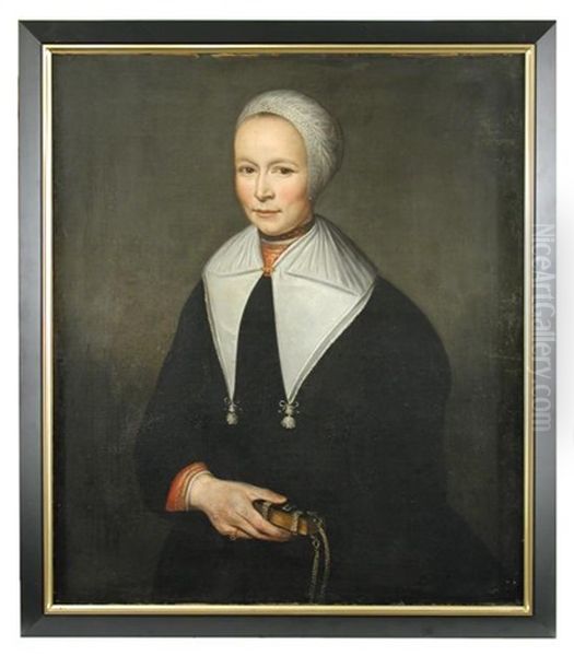 Portrait Of A Lady, Half Length, In Black With A White Cap And Collar, Holding A Bible Inscribed With A "b" - view 1