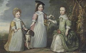 Group Portrait Of Antonius, Henricus And Agnes Norff, Full-length, In A Yellow, A Pink And A Green Dress, With A Dog And A Goldfinch... Group Portrait Of Antonius, Henricus And Agnes Norff, Full-length, In A Yellow, A Pink And A Green Dress, With A Dog And A Goldfinch...