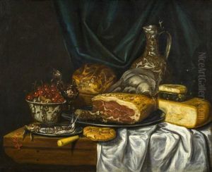Stillleben Mit Schinken, Kase, Brot, Kirschen Und Geschirr by Jan van Gotingh