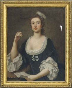 Portrait Of A Lady, Half-length, In A Blue Dress With Lace Trim, Her Right Arm Resting On A Keyboard And A Musical Score In Her Right Hand by John Vanderbank the Younger