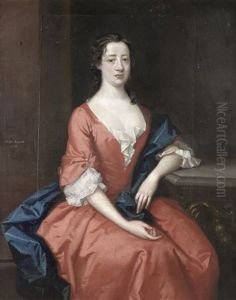 Portrait Of Martha Radcliffe, Three-quarter-length, In A Red Dress And A Blue Wrap, Seated At A Table