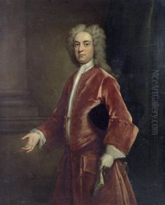 Portrait Of A Gentleman, Three-quarter-length, In A Red Velvet Coat, Standing Before A Column