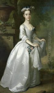 Portrait Of Martha Fursman, Full-length, In A White Dress, Standing In A Landscape Beside An Urn On A Plinth