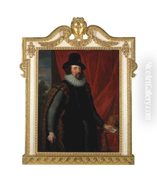 Portrait Of Sir Francis Bacon (1561-1626), Three-quarter-length, In Lord Chancellor's Robes, Before A Red Curtain, A Wooded Landscape Beyond - view 1