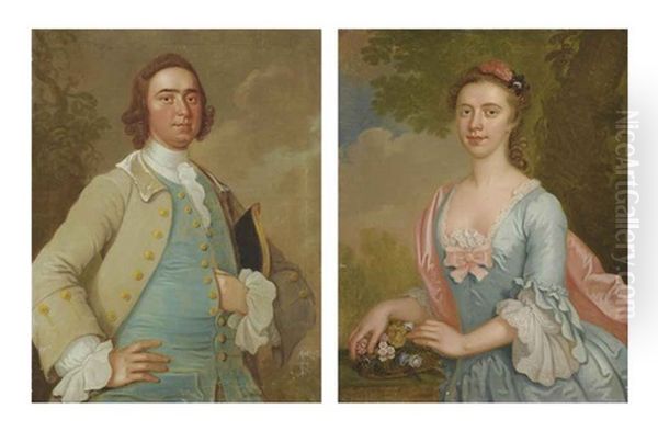 Portrait Of A Gentleman, Half-length, In A Grey Coat And Blue Waistcoat...(+ Portrait Of A Lady, Half-length, In A Blue Dress...; Pair) - view 1