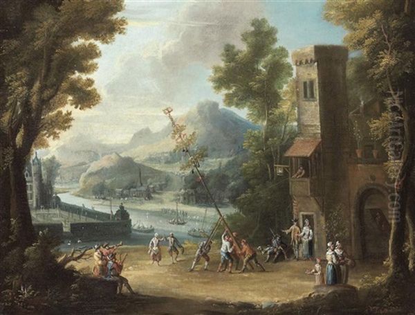 The Raising Of The Maypole Outside A City Gate Near A River - view 1
