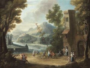 The Raising Of The Maypole Outside A City Gate Near A River by Dominique Joseph Vanderburch