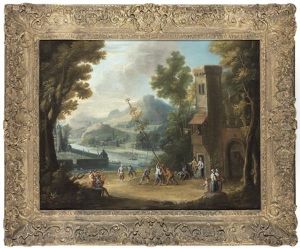 Figures Raising The Maypole, A Harbor, A Castle And A Mountainous Landscape Beyond