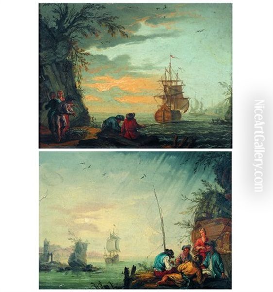 Scene De Ports Mediterraneens Animes De Pecheurs (pair) - view 1
