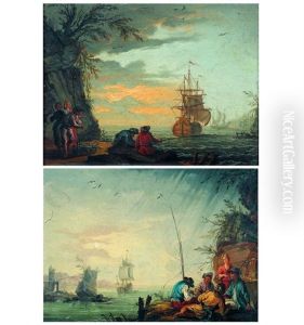 Scene De Ports Mediterraneens Animes De Pecheurs (pair) by Dominique Joseph Vanderburch
