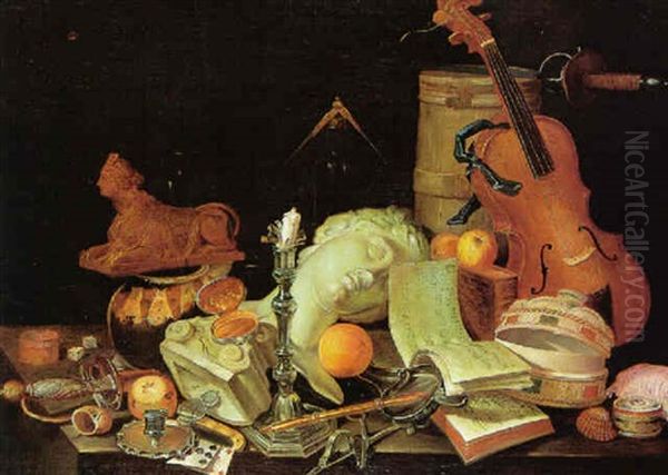 Nature Morte Med Antik Buste, Musikinstrumenter, Spillekort Og Skaller Pa En Stenkarm - view 1