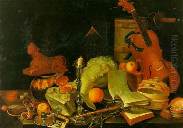 Nature Morte Au Buste Antique, Instruments De Musique Et Argenterie - view 1
