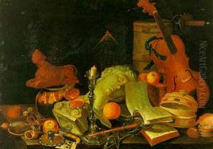 Nature Morte Au Buste Antique, Instruments De Musique Et Argenterie by Dominique Joseph Vanderburch