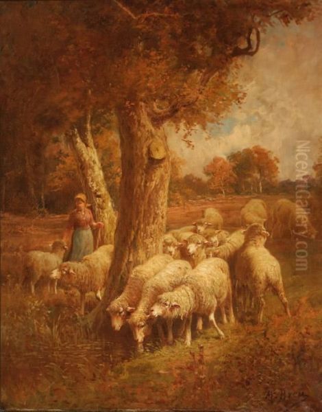 A Shepherdess With Sheep In A Forest Clearing - view 1