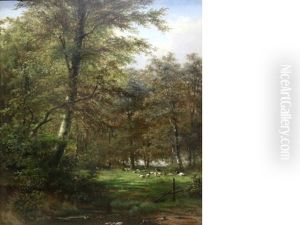 A Wooded Landscape With Sheep And Cattle In A Meadow by Francois Vandeverdonck